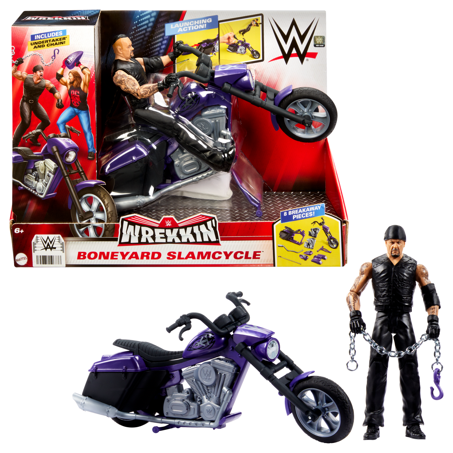 WWE Wrekkin¡¯ Slamcycle Vehicle & Undertaker Action Figure, Toy Morotcycle With Breakaway Parts